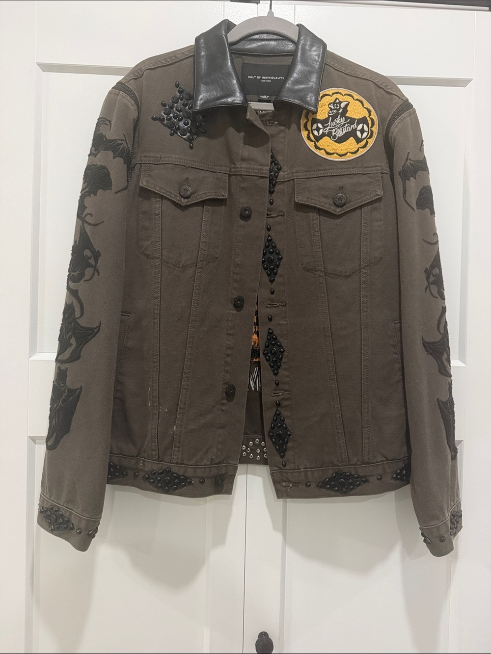 Cult of Individuality Olive Green Embellished Denim Jacket with Leather Collar